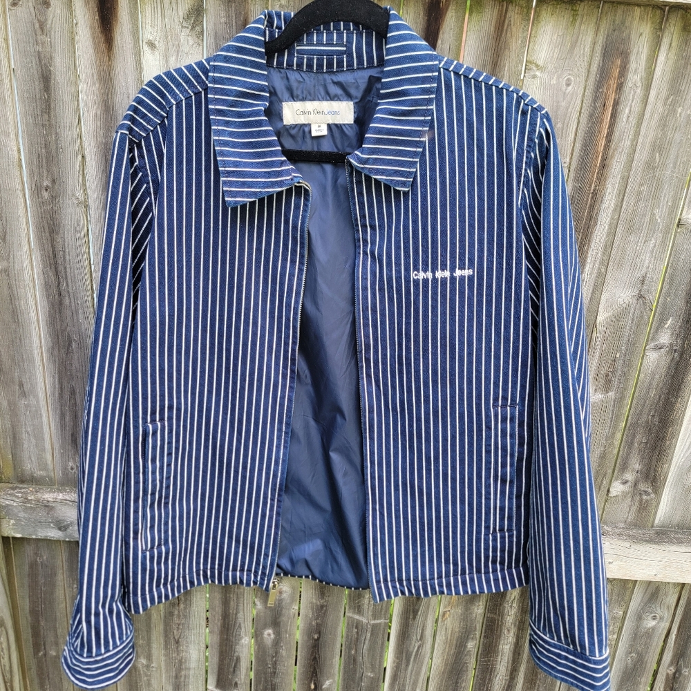 Trucker Jacket Calvin Klein Navy & White Striped Collared Medium Unisex Utility - Picture 6 of 16